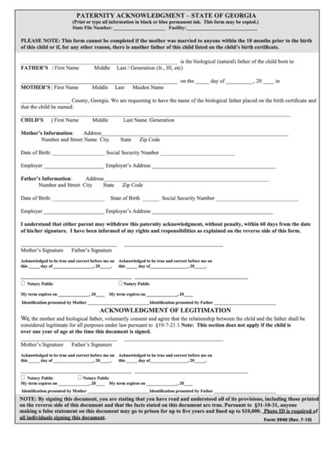 Form 3940 Paternity Acknowledgment State Of Georgia Printable Pdf