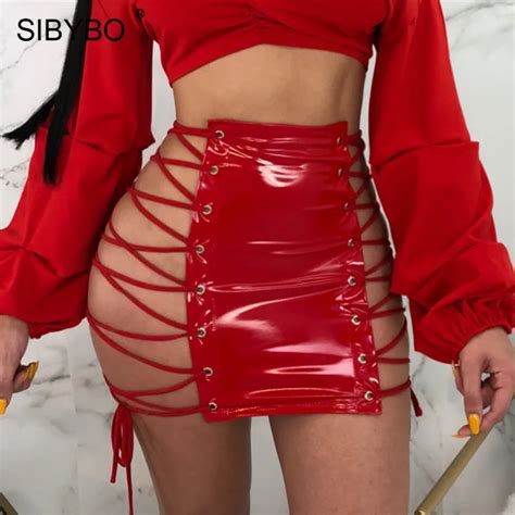 sibybo lace up pu leather sexy skirts womens hollow out high waist mini pencil skirt bandage