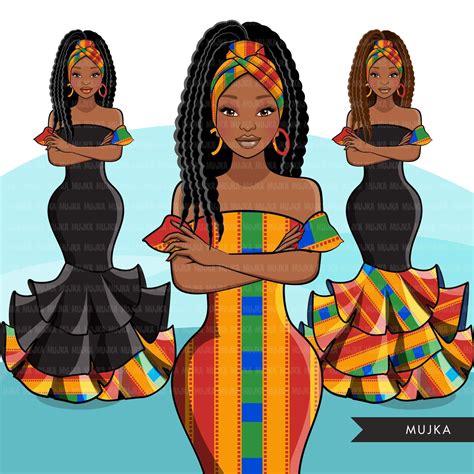 Ankara Fashion Graphics African Dress Black Woman With Braids Dreads Mujka Cliparts