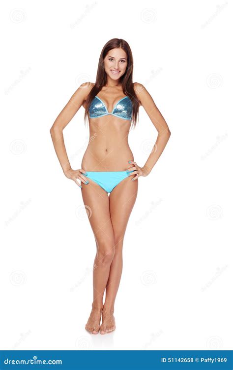 Volledige Lengte Mooie Slanke Vrouw In Blauwe Bikini Stock Foto Image Of Elegant Meisje