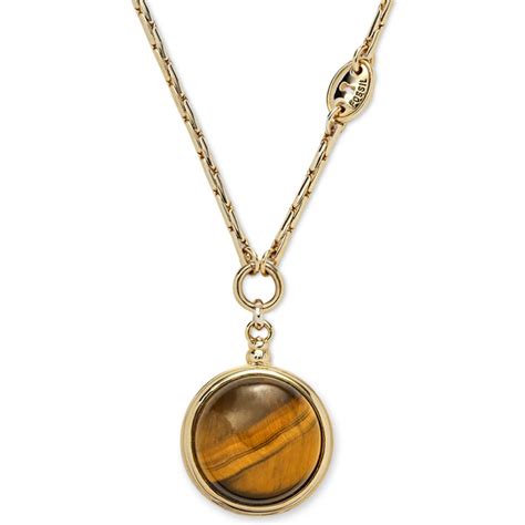 Fossil Gold Tone Tigers Eye Bead Pendant Necklace In Brown Lyst