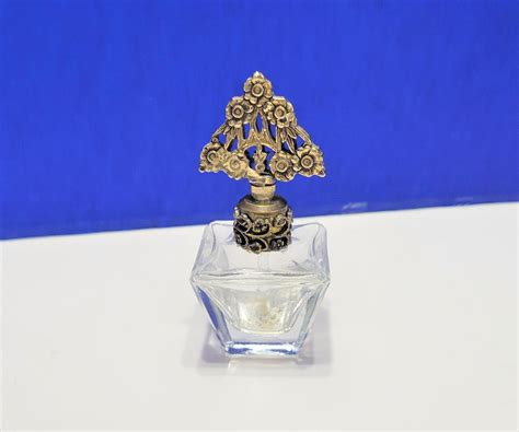 Vintage Crystal Glass Perfume Bottle With Ornate Metal Glass Dauber