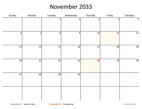 November 2033 Calendar With Bigger Boxes