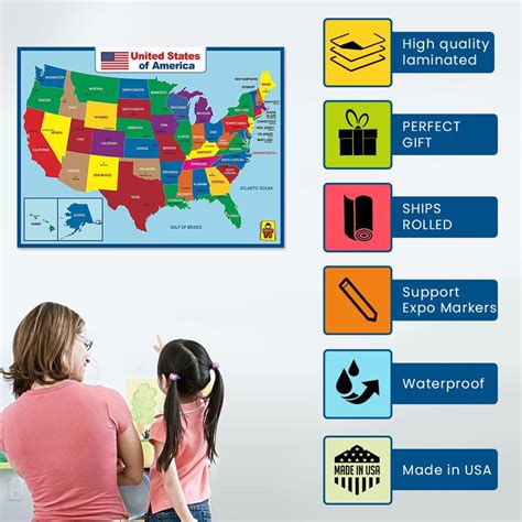 Uncle Wu Wall United State Map Poster For Kids Learning Usa Etsy