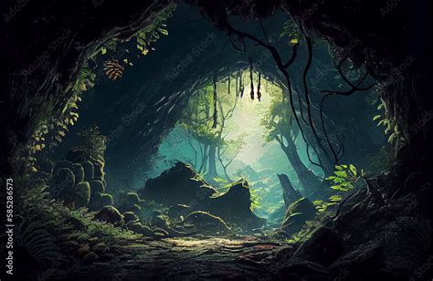 Magical Cave With Natural Plants Ray Of Light In The Middle Of The