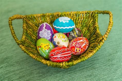 Colorful Hand Painted Easter Eggs In Basket Stock Photo Image Of