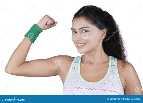 Cheerful Woman Showing Her Bicep Stock Image Image Of Beauty