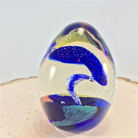 Vintage Hand Blown Large Glass Paperweight Dynasty Gallery Egg Shaped With Swirls Of Cobalt