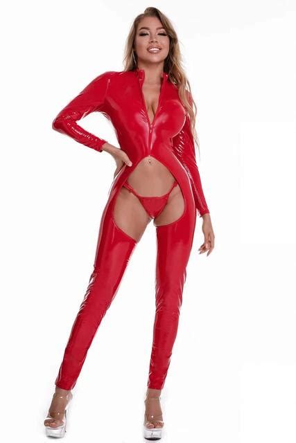 Sexy Glossy Leather Woman Full Bodysuit Open Crotch Bandage Leotard Hollow Out Show Hips Erotica