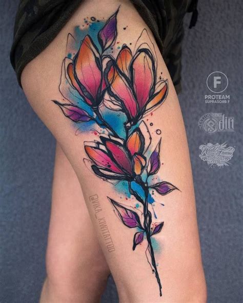 Watercolor Flower Thigh Tattoos