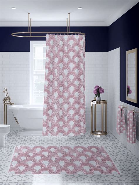 Blush Art Deco Shower Curtain Bathroom Set Long Geometric Shower