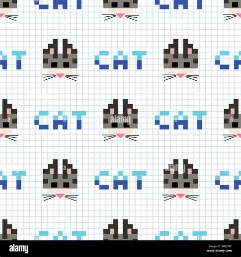 Cute Cartoon 8bit Black Cat With Text Seamless Vector Pattern Kawaii
