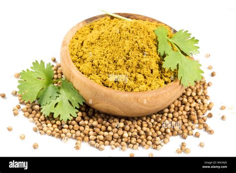 Coriander Seeds Leaves And Powder Isolated Stock Photo Alamy