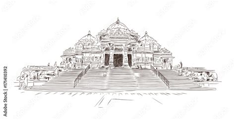 Hand Drawn Sketch Of Akshardham Hindu Temple In Delhi India Vector
