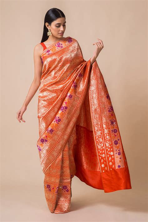 Buy Ekaya Orange Handwoven Banarasi Silk Saree With Running Blouse Fabric Online Aza Fashions