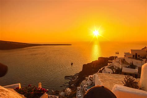 Sunset In The Beautiful Santorini Island Greece Reurope