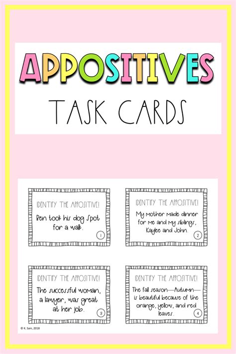 Appositives Grammar Task Cards Grades 6 8 Task Cards Middle School
