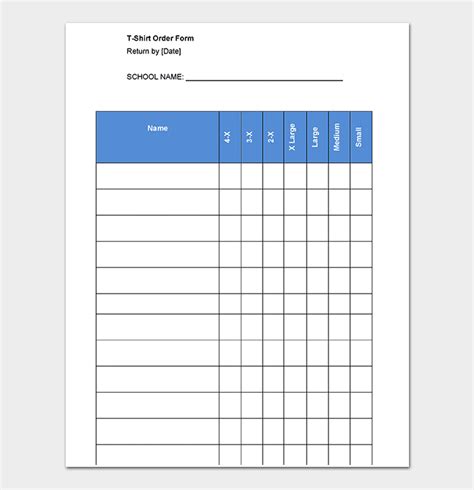 Printable T Shirt Order Form Template Free