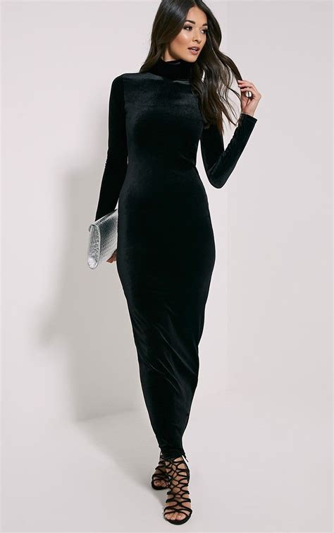 Long Sleeve High Neck Long Black Dress Grey Velvet Dress Velvet Maxi