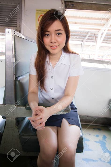 Portrait Of Thai Babe University Beautiful Girl Relax And Smile Leisure Travel By Rail