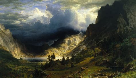 A Painting Of Mountains With Clouds In The Sky Above Them And Trees On