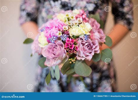 Beautiful Mixed Flowers Bouquet With Purple Roses Waxflowers Peony