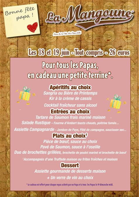Un menu spécial Fêtes des Pères La Mangoune Cantal
