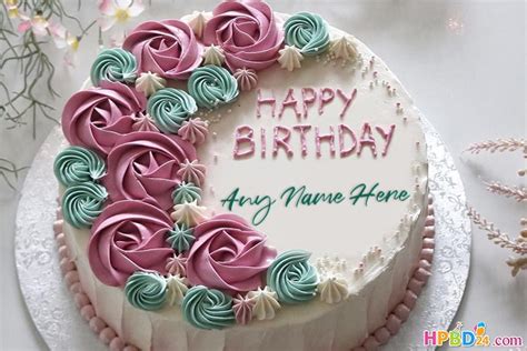 Happy birthday cake and flowers with name. Flower Buttercream Roses Cake With Name Online