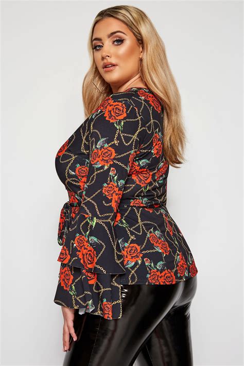 LIMITED COLLECTION Black Chain Rose Print Wrap Top | Yours Clothing