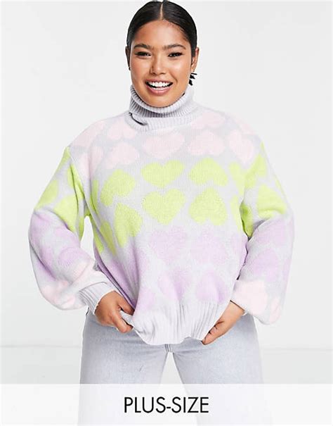 Wednesdays Girl Curve High Neck Jumper In Pastel Heart Knit Asos