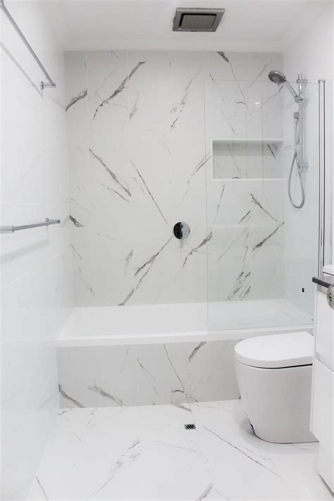 D bath vanity in sapphire gray with marble vanity top in carrara white with white basin Marble Look Tiles - Marble Bathrooms - Carrara Bathroom ...