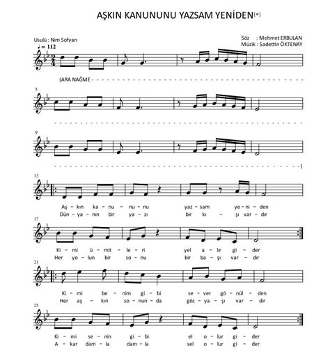 Aşkın Kanununu Yazsam Yeniden Notaları | Notalar Net | Kolay Nota