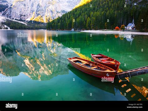 Boats On The Braies Lake Pragser Wildsee In Dolomites Mountains