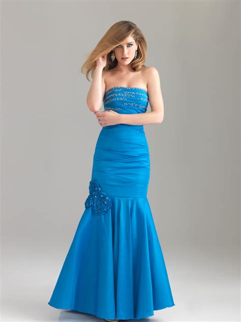 Dark Royal Blue Mermaid Strapless Full Length Zipper Satin Prom Dresses With Beading