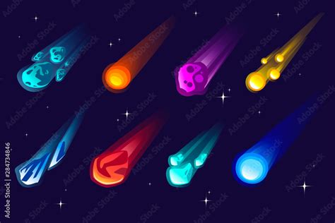 Set Of Meteors And Comet With Different Colors And Shapes Flat Vector
