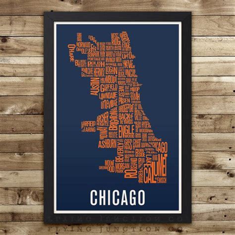 Chicago Neighborhood Map Print Chicago Wall Art Chicago Typography