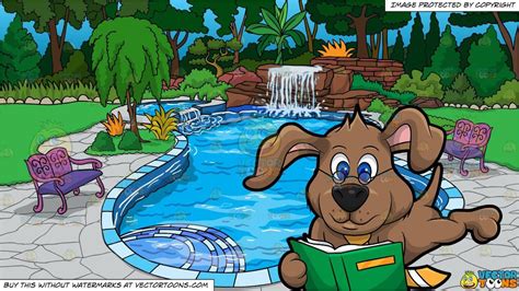 Dexter The Dog Reading A Book And An Outdoor Pool With Waterfall Background