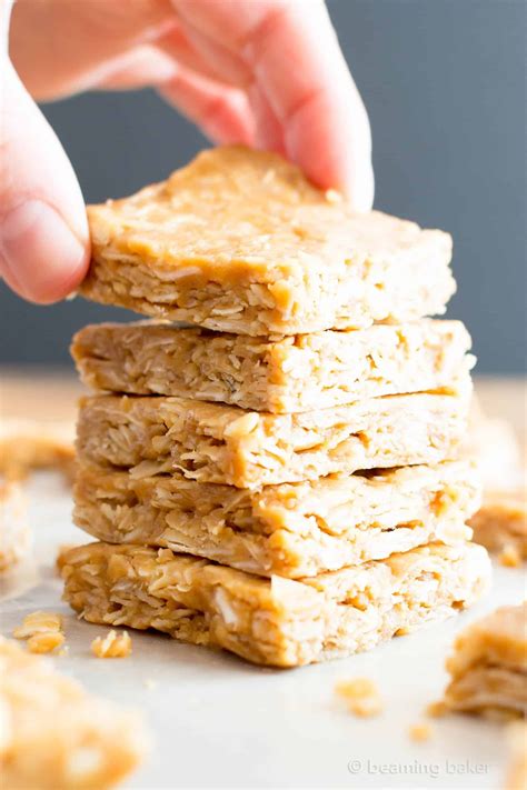 Not only are they incredibly tasty, but they are cute bite sized bars that are packed with a combination of highly nutritional foods. 4 Ingredient No Bake Peanut Butter Coconut Oatmeal Bars (V ...
