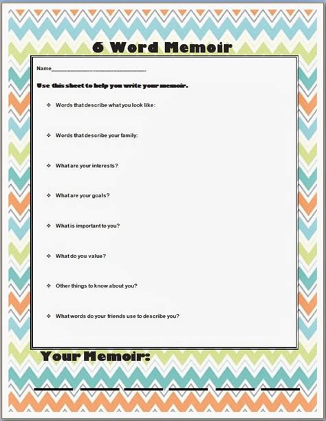 6 Word Memoir Worksheet School Counseling Group Ideas