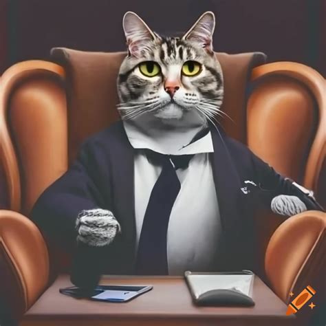 Mafia Cat Sitting In A Chair Behind A Desk