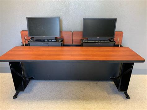 That makes it perfect for computers that are running multiple monitors in a public space. Computer Table Double Monitor Hide-Away Student Task ...