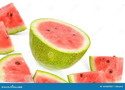 Ripe Round Watermelon And Watermelons Slices Isolated On White
