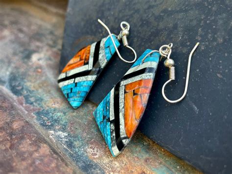 Turquoise Spiny Oyster Onyx Shell Slab Inlay Earrings Santo Domingo
