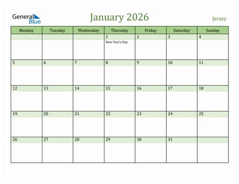 Fillable Holiday Calendar For Jersey January 2026