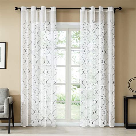 Topfinel White Sheer Curtains 96 Inches Long Gray Embroidered Diamond Grommet Window Curtains