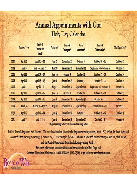 Holy Day Calendar Annual Appointments With God