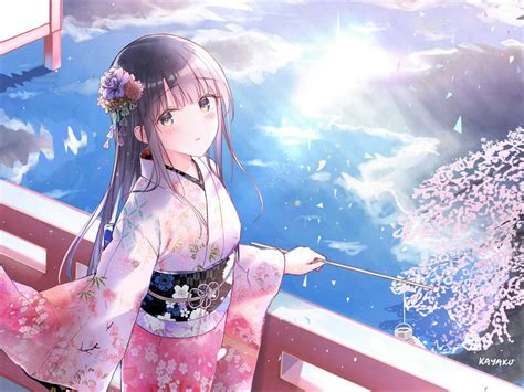 Anime Anime Girls Flower In Hair Kimono Dark Hair Hiten Hd Wallpaper
