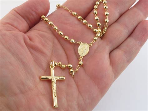 14k Yellow Gold Rosary Beads Necklace Virgin Mary Jesus Cross Etsy