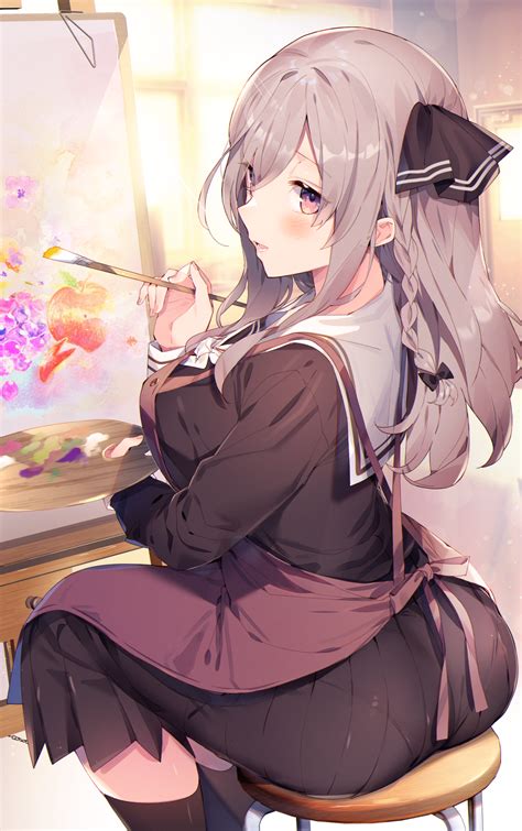 Sitting Long Hair Women Indoors Cut Artist Arched Back Anime Anime Girls Painting