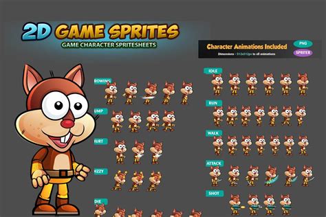 Squirrel 2d Game Character Sprites Custom Designed